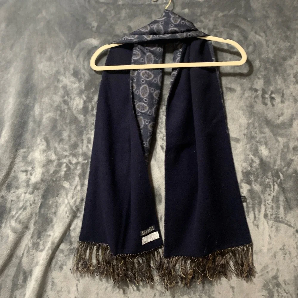 Barneys New York Scarf Mens Silk Wool Reversible Navy Blue Geometric Italy Made